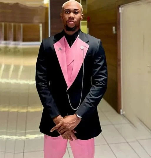 Black and pink men's 3-piece skinny fit suit with single-breasted blazer, ideal for wedding or party, shown in a stylish image.