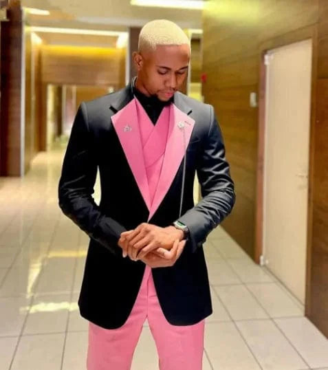 Black and pink men's 3-piece skinny fit suit with single-breasted blazer, perfect for weddings, prom, or parties.