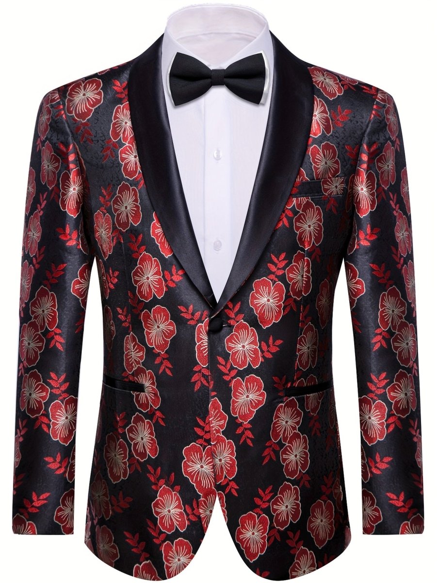 SHOWLU FASHION STORE men's black and red floral jacquard blazer with shawl lapel, casual button suit jacket for wedding or formal wear.