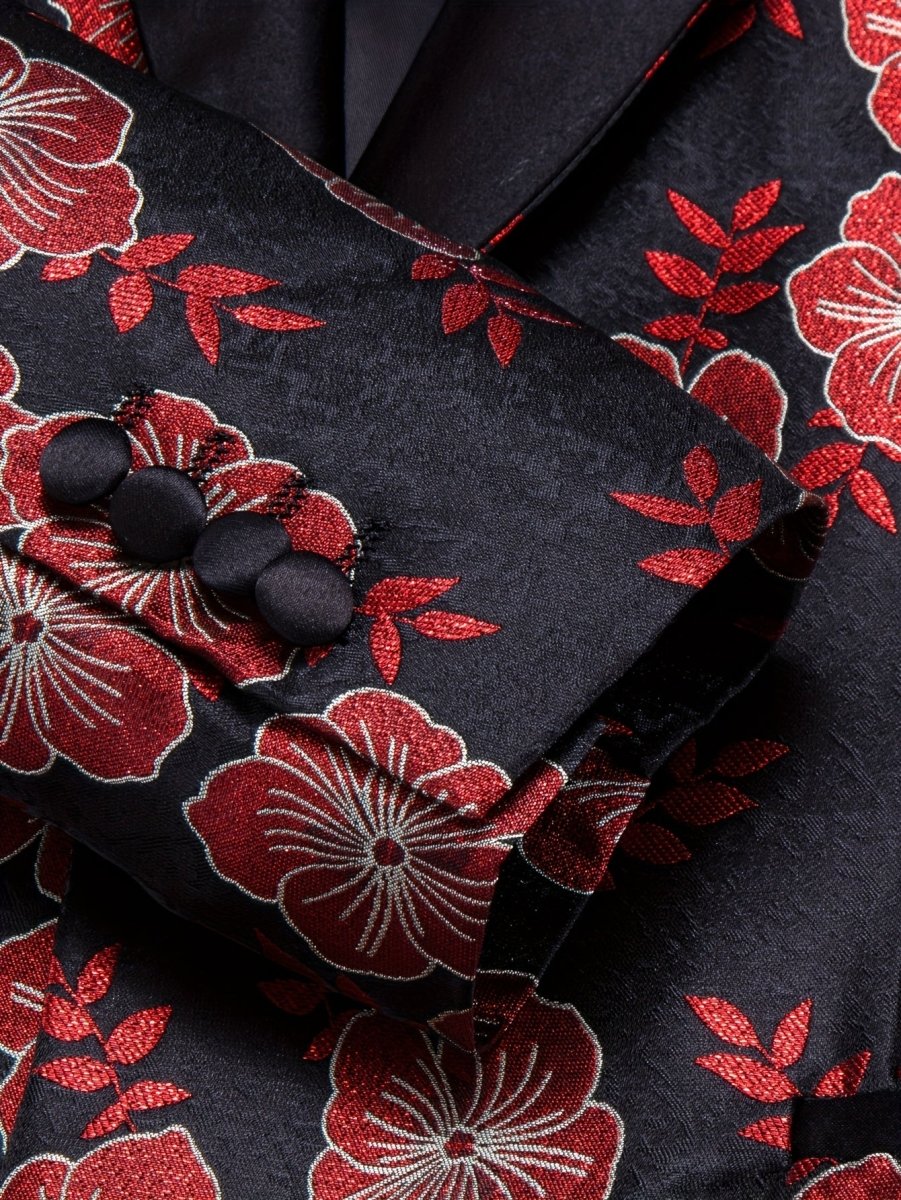 Men's black and red floral jacquard blazer with shawl lapel, casual suit jacket by SHOWLU FASHION STORE.