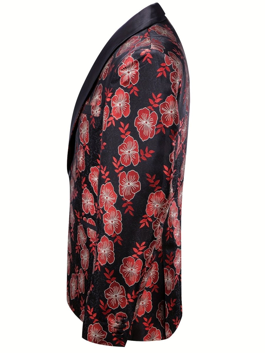 Men's black and red floral jacquard blazer with shawl lapel, casual style, SHOWLU FASHION STORE suit jacket for special occasions.