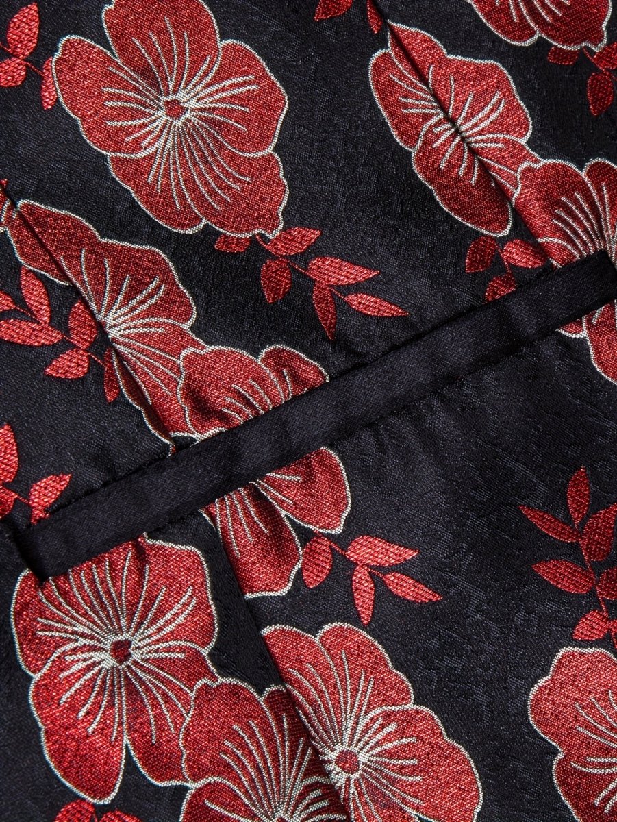 SHOWLU FASHION STORE men's black and red floral jacquard blazer with shawl lapel, casual suit jacket for wedding or formal occasions.