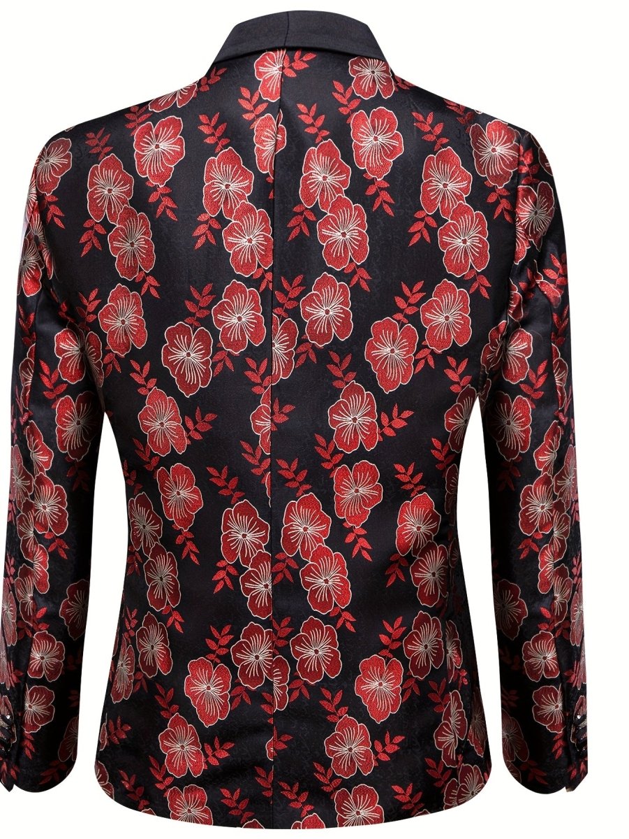 Men's black and red floral jacquard blazer with shawl lapel, casual suit jacket for weddings, by SHOWLU FASHION STORE.