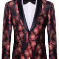 Men's black and red floral jacquard blazer with shawl lapel, casual suit jacket by SHOWLU FASHION STORE, perfect for weddings.