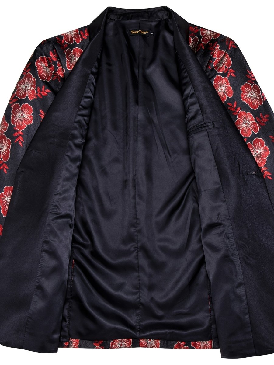 Black and red floral jacquard men's blazer with shawl lapel, casual suit jacket from SHOWLU FASHION STORE.