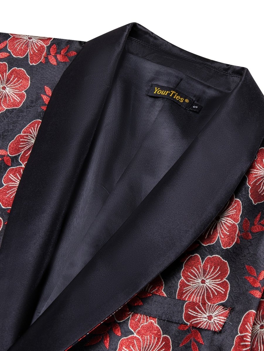 Men's black and red floral jacquard blazer with shawl lapel, casual suit jacket by SHOWLU FASHION STORE.