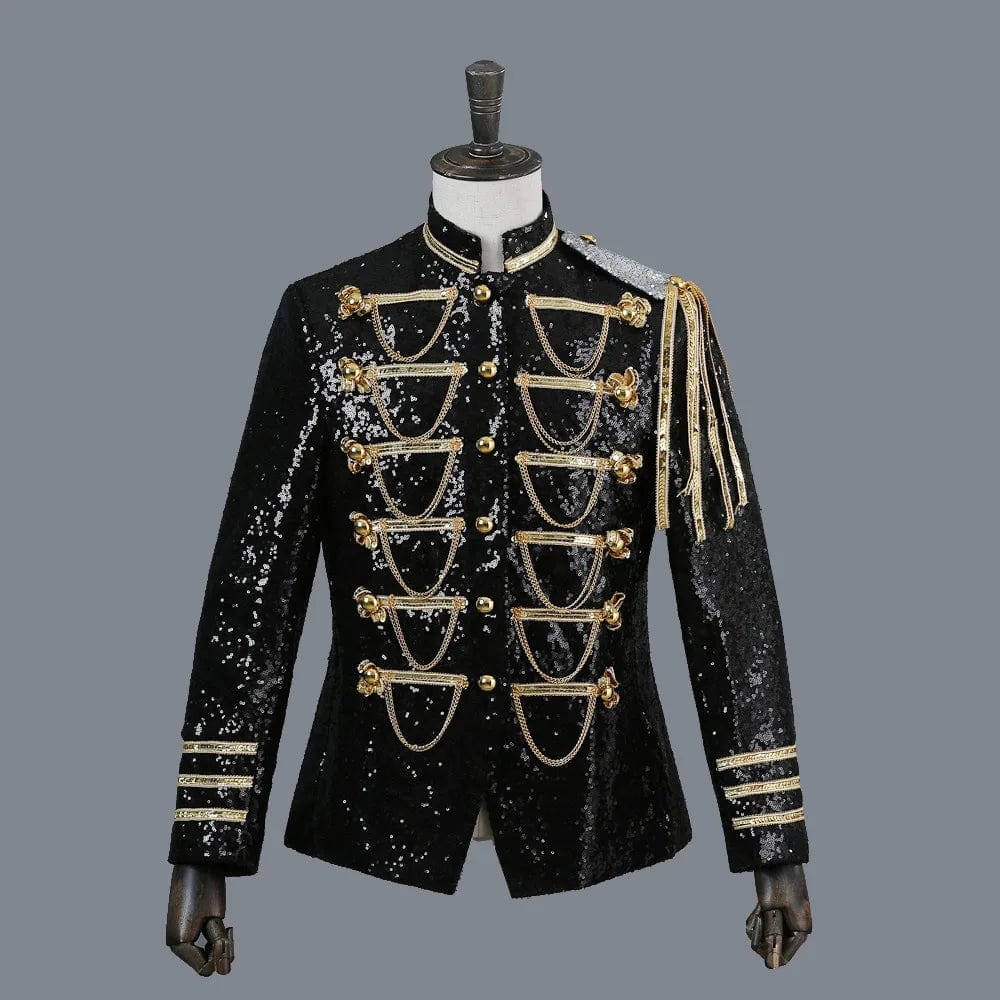 Black Sequin Coat Steampunk Blazer Stand Collar Fringe Design Blazer Nightclub Costume Party Prom Rock Outfit Blue Stage Clothes - SHOWLU FASHION STORE