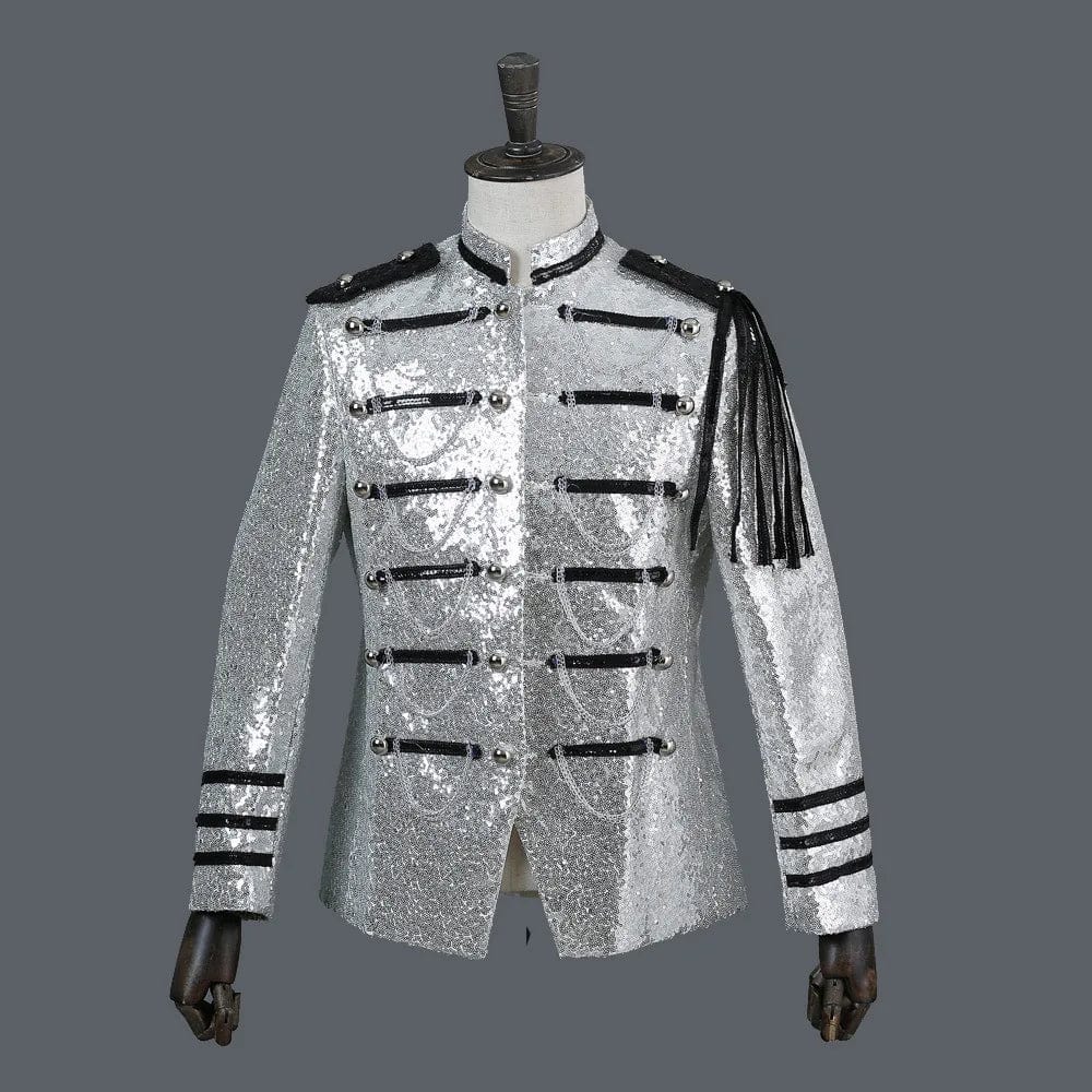 Black Sequin Coat Steampunk Blazer Stand Collar Fringe Design Blazer Nightclub Costume Party Prom Rock Outfit Blue Stage Clothes - SHOWLU FASHION STORE