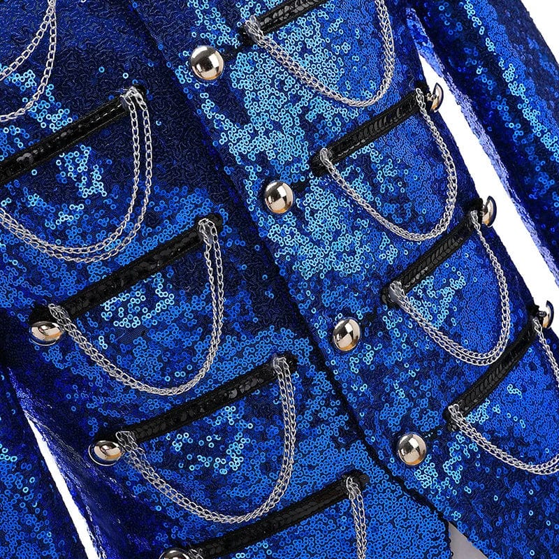 Black Sequin Coat Steampunk Blazer Stand Collar Fringe Design Blazer Nightclub Costume Party Prom Rock Outfit Blue Stage Clothes - SHOWLU FASHION STORE