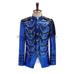 Black Sequin Coat Steampunk Blazer Stand Collar Fringe Design Blazer Nightclub Costume Party Prom Rock Outfit Blue Stage Clothes - SHOWLU FASHION STORE
