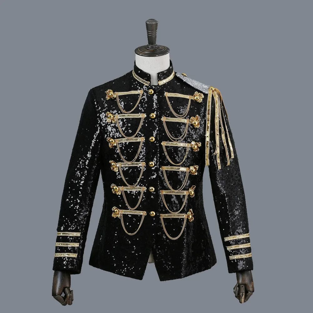 Black Sequin Coat Steampunk Blazer Stand Collar Fringe Design Blazer Nightclub Costume Party Prom Rock Outfit Blue Stage Clothes - SHOWLU FASHION STORE