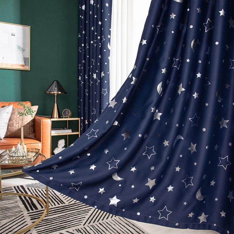 Showlu Fashion navy blackout curtains with stars and moon design for kids' bedroom window, perfect for boys' room decor.