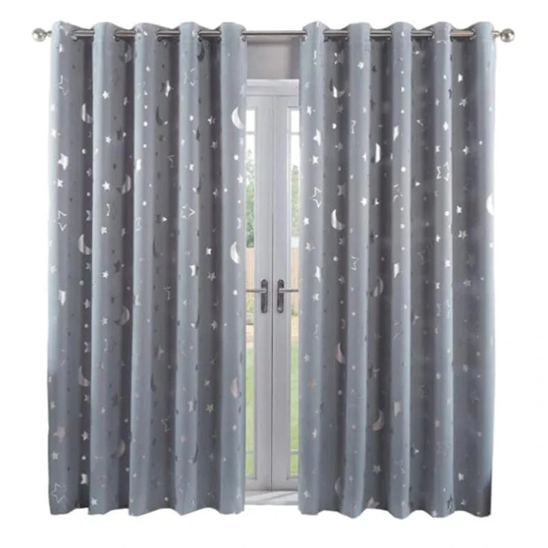 Blackout curtains for kids bedroom featuring stars and moon design in navy blue and gray, ideal for boys' bedrooms or living rooms.
