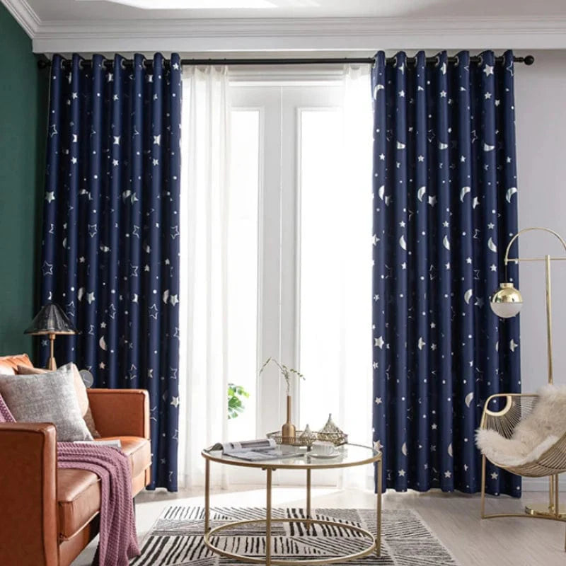 Showlu Fashion navy blackout curtains for kids bedroom with star and moon design, ideal for boys' bedrooms and living rooms.