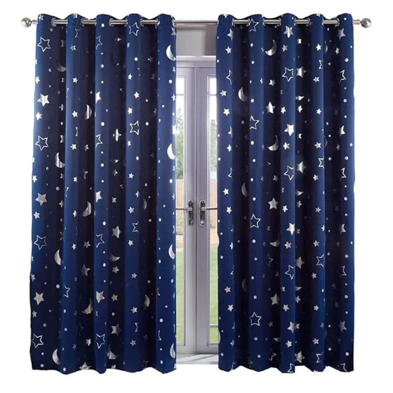 Showlu Fashion navy blackout curtains with star and moon design for kids' bedroom, ideal for bedroom or living room window decor.