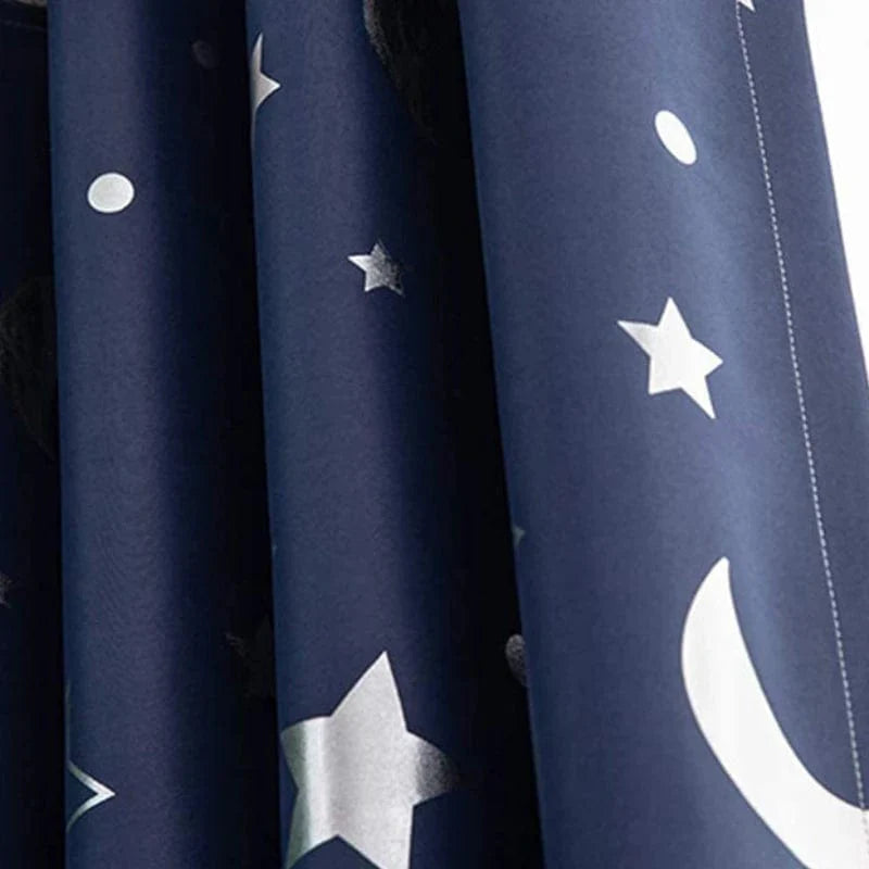 Showlu Fashion navy blackout curtains for kids' bedroom featuring stars and moon design, ideal for boys' bedroom or living room windows.