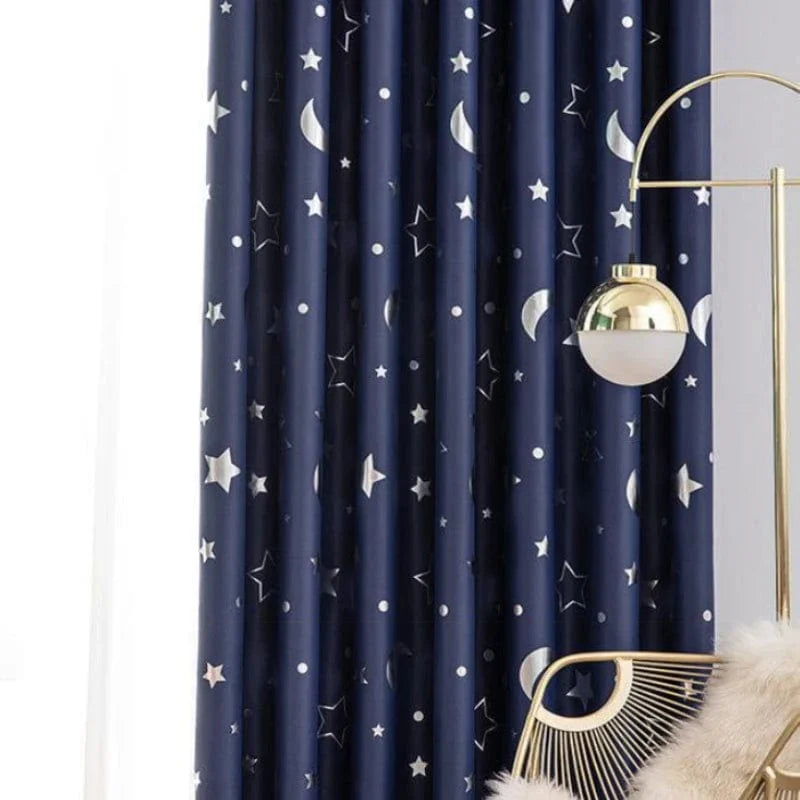 Showlu Fashion navy blackout curtains with star and moon designs for kids' bedroom window blackout drapes.