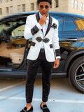Black and white jacquard velvet wedding tuxedo for men, slim fit two-piece suit with coat and pants, perfect for prom or formal events.