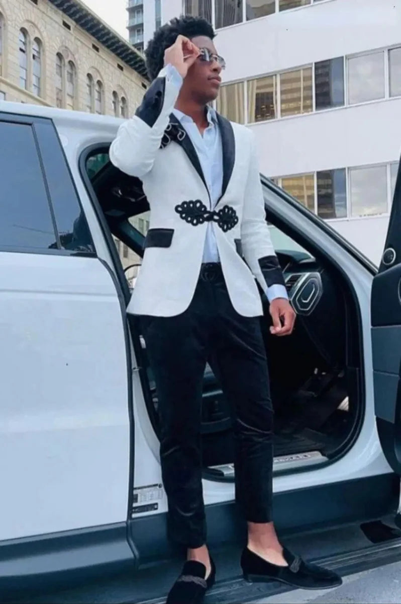 Black and white jacquard velvet wedding tuxedo for men, slim fit 2-piece suit with coat and pants, ideal for prom and formal events.