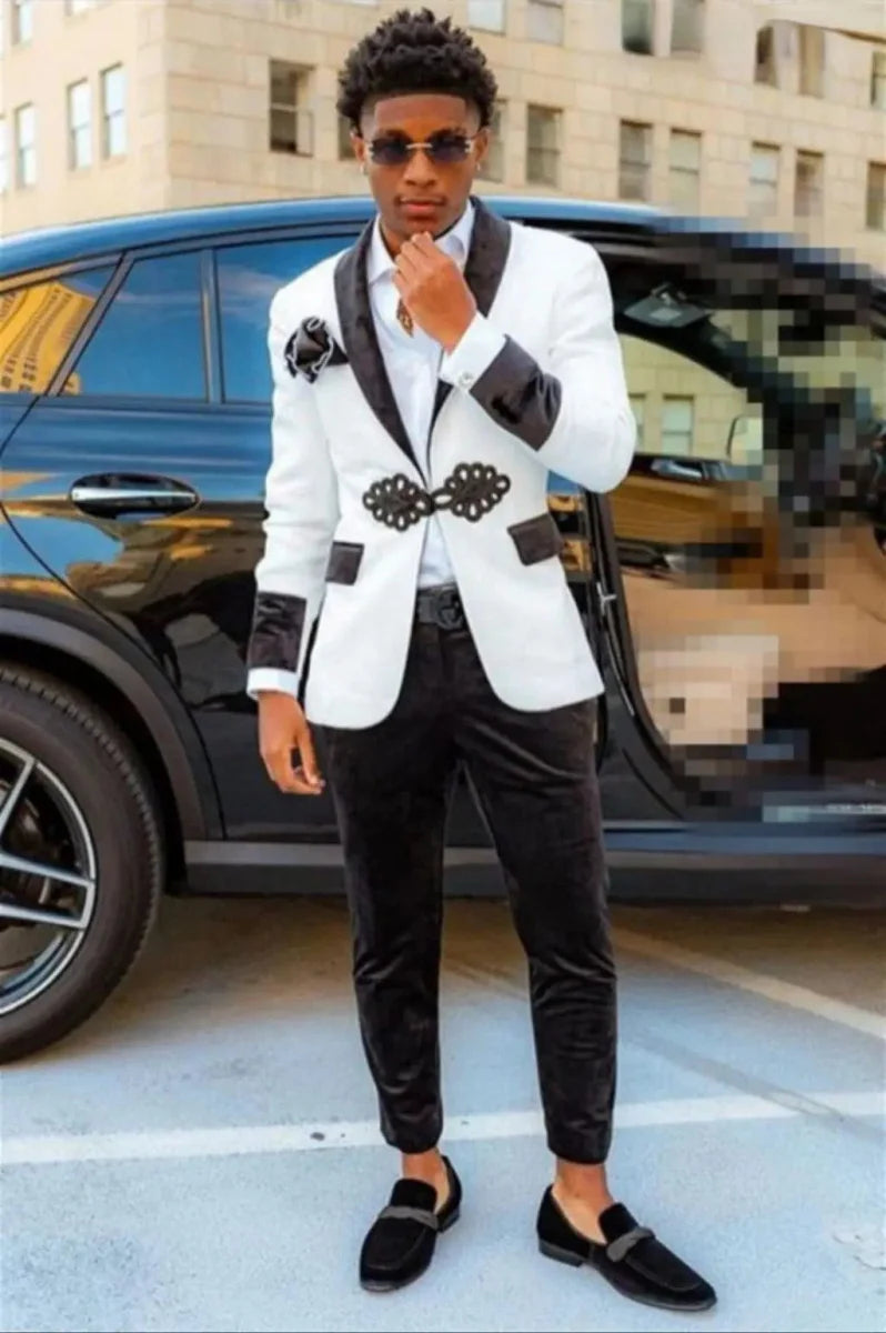 Black and white jacquard velvet wedding tuxedo for men, slim fit 2-piece suit with coat and pants, stylish formal wear for special occasions.