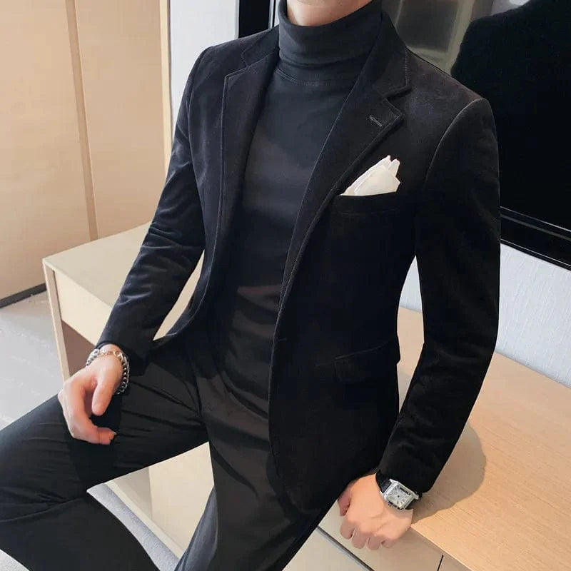 Men's slim fit velvet blazer by Showlu Fashion, black luxury formal jacket with a tailored fit for autumn and winter wear.