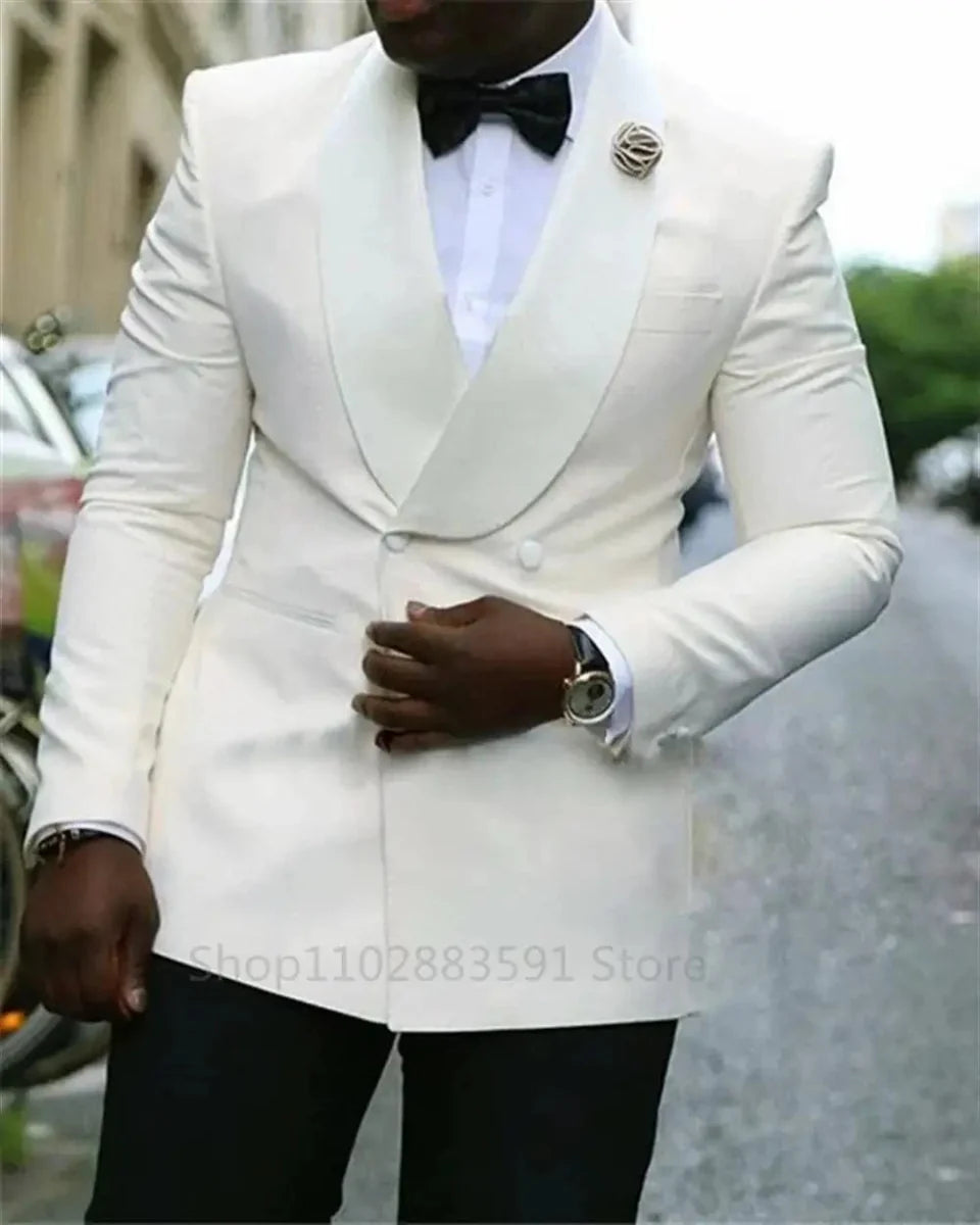 Beige men's 2-piece double-breasted wedding suit by SHOWLU FASHION STORE, including blazer and matching pants, formal smart casual attire.