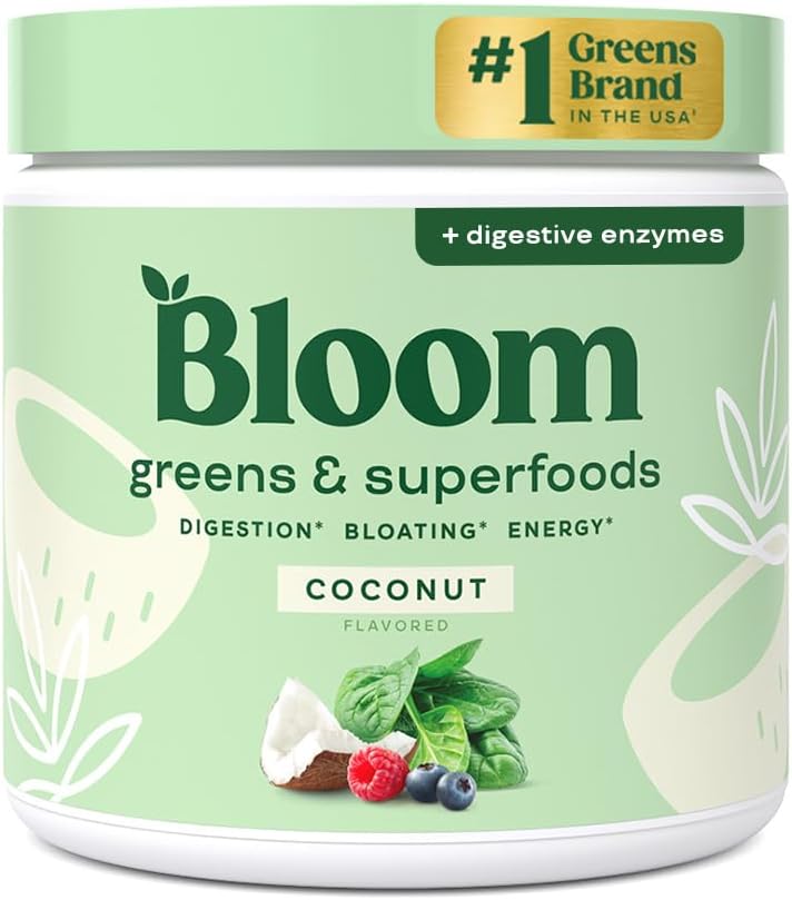 Bloom Nutrition Superfood Greens Powder with probiotics and digestive enzymes, featuring green chlorella and coconut flavor.