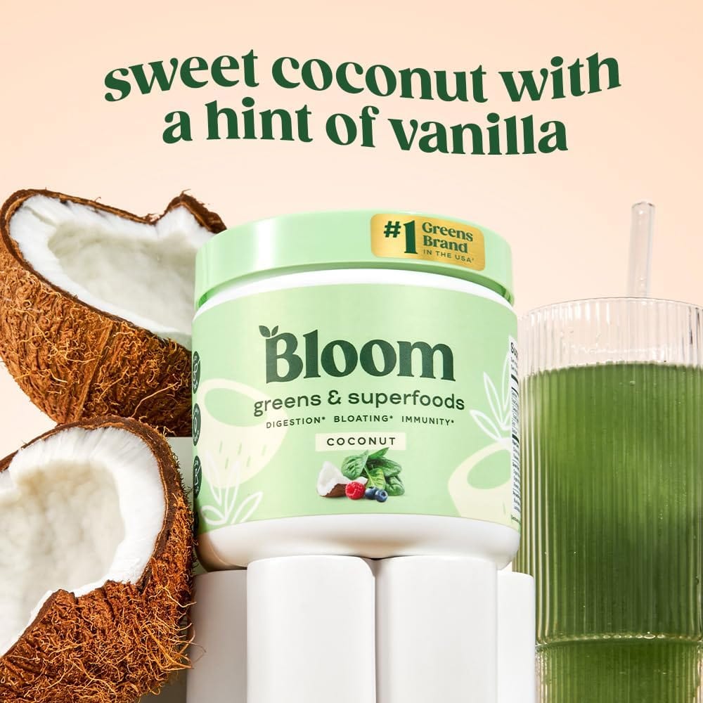 Bloom Nutrition Superfood Greens Powder with probiotics and digestive enzymes in coconut flavor, supporting gut health and digestion.