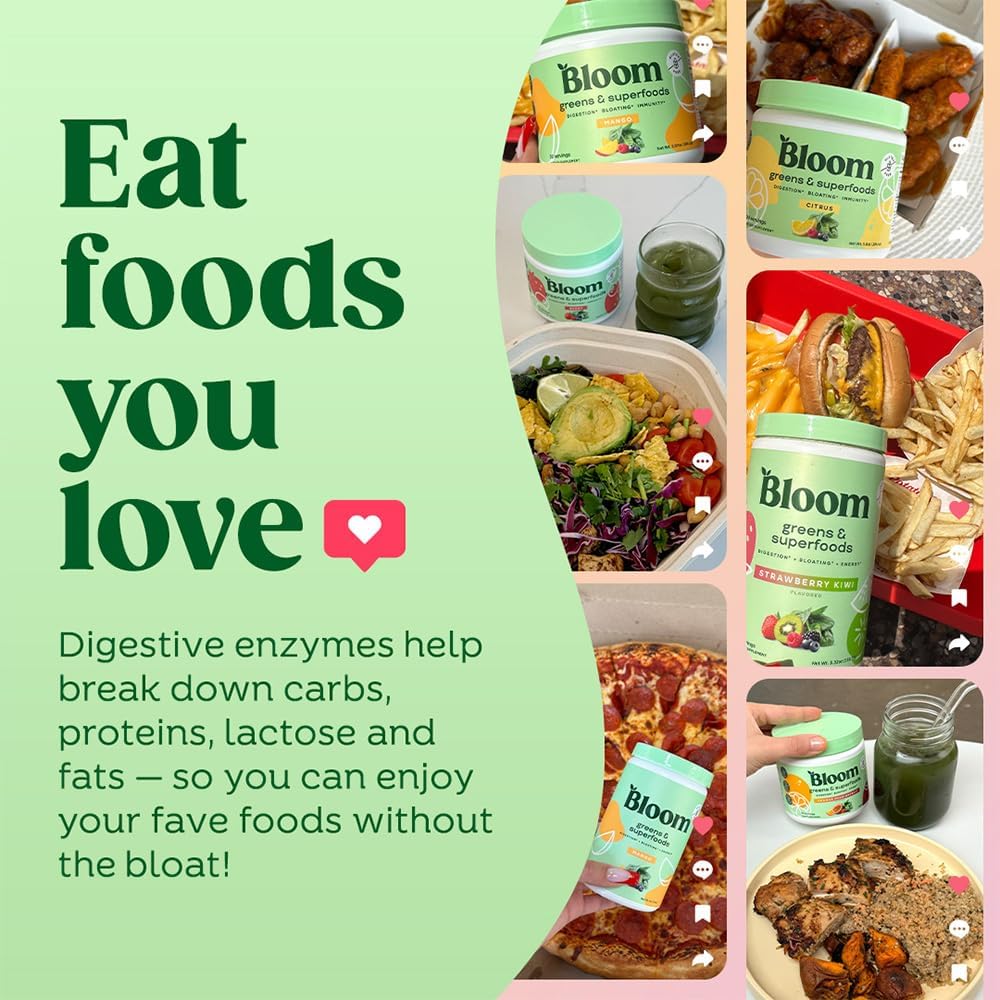 Bloom Nutrition Superfood Greens Powder with probiotics and digestive enzymes, featuring coconut flavor, for gut health and bloating relief.