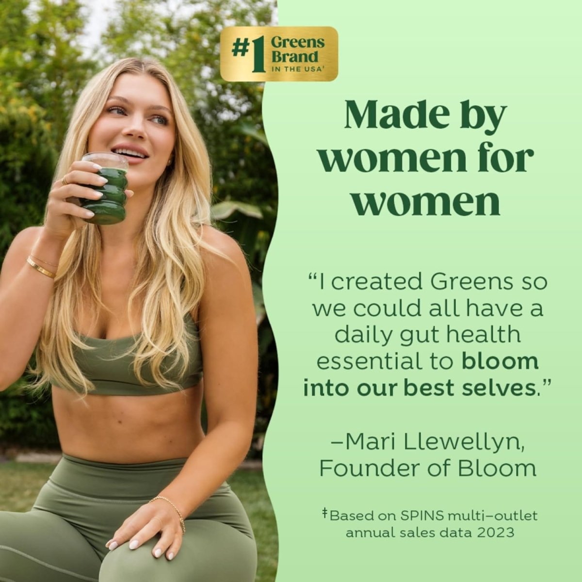 Bloom Nutrition Superfood Greens Powder with probiotics and digestive enzymes, coconut flavor, for gut health and bloating relief.