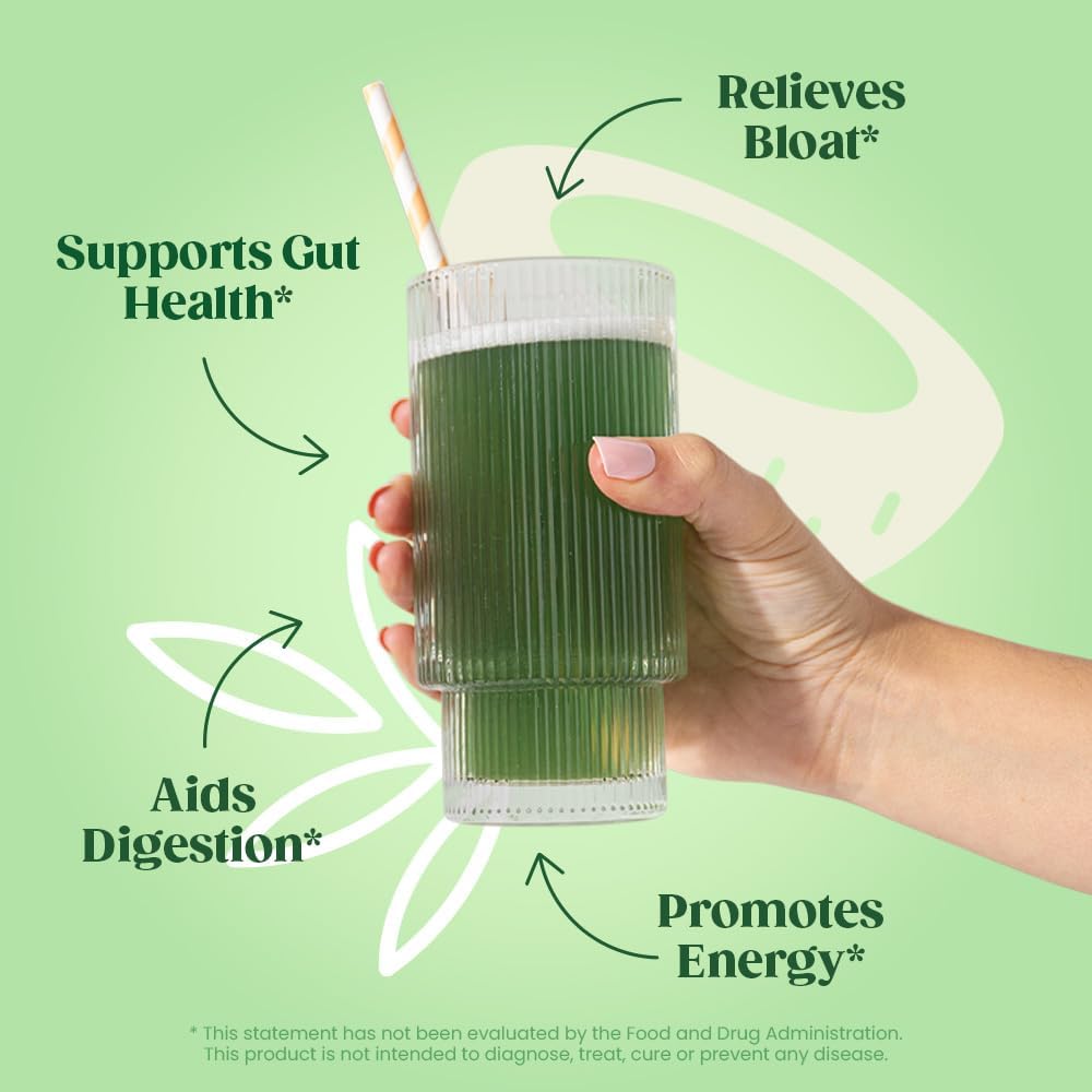 Bloom Nutrition Superfood Greens Powder with probiotics, digestive enzymes, and coconut flavor for gut health and bloating relief.