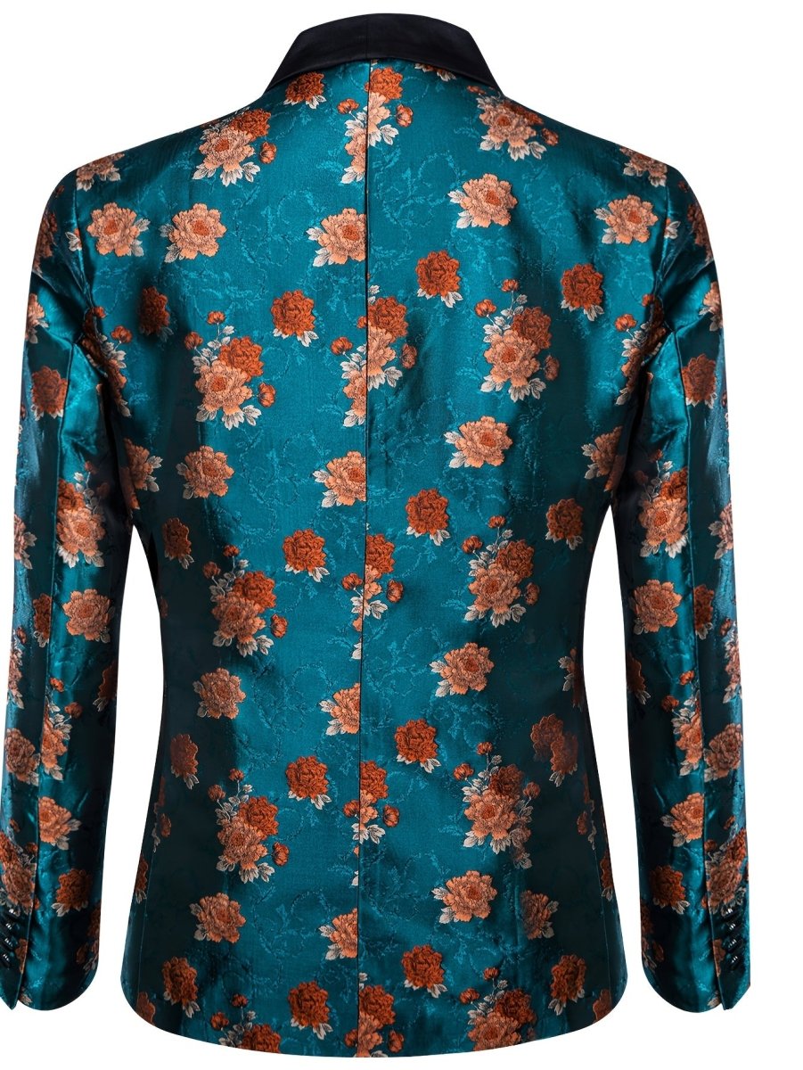 Blue floral jacquard blazer by SHOWLU FASHION STORE with shawl lapel, casual button closure, perfect for wedding or formal occasions.