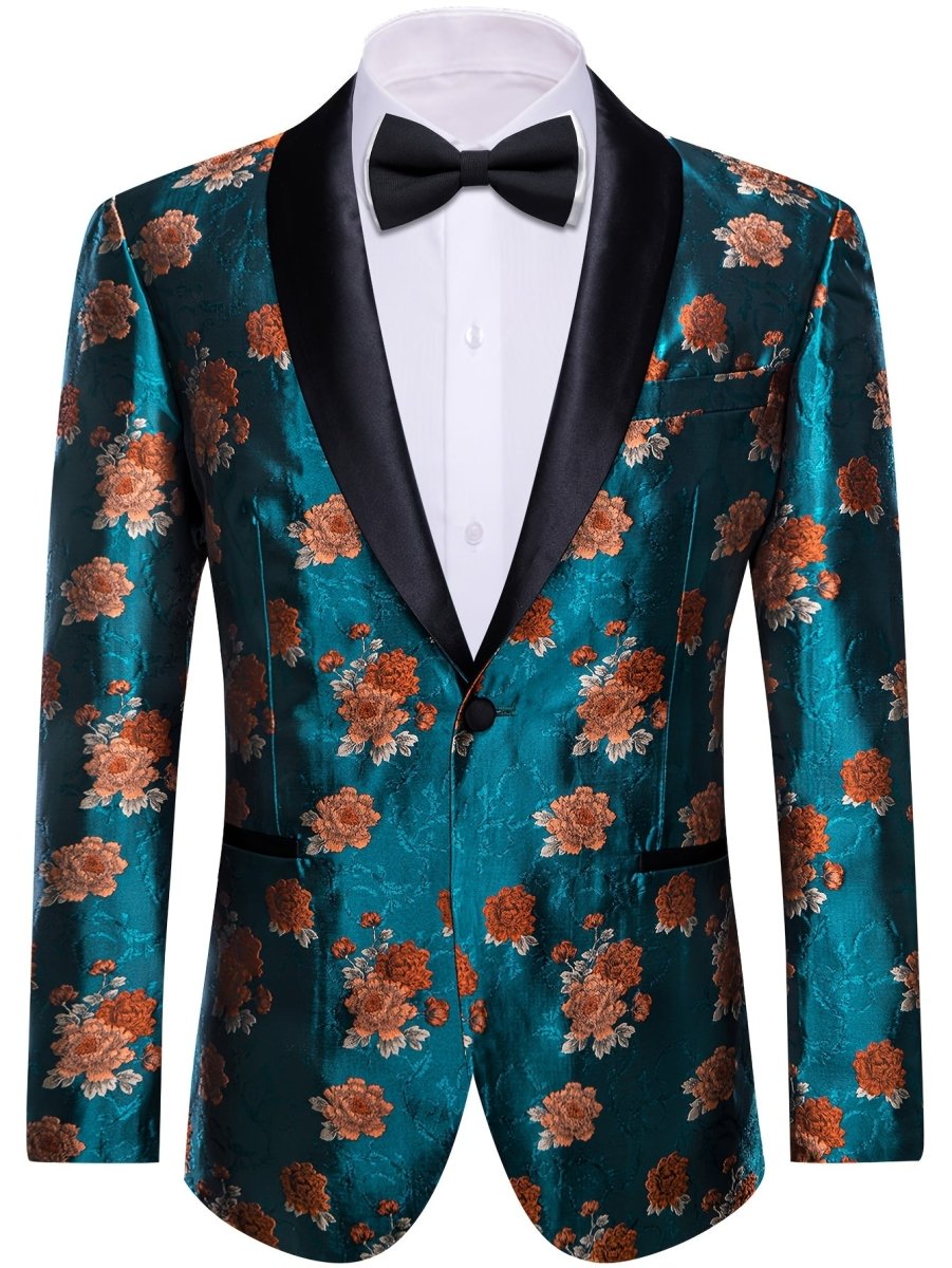SHOWLU FASHION STORE blue floral jacquard blazer with shawl lapel, casual suit jacket for weddings and formal occasions.