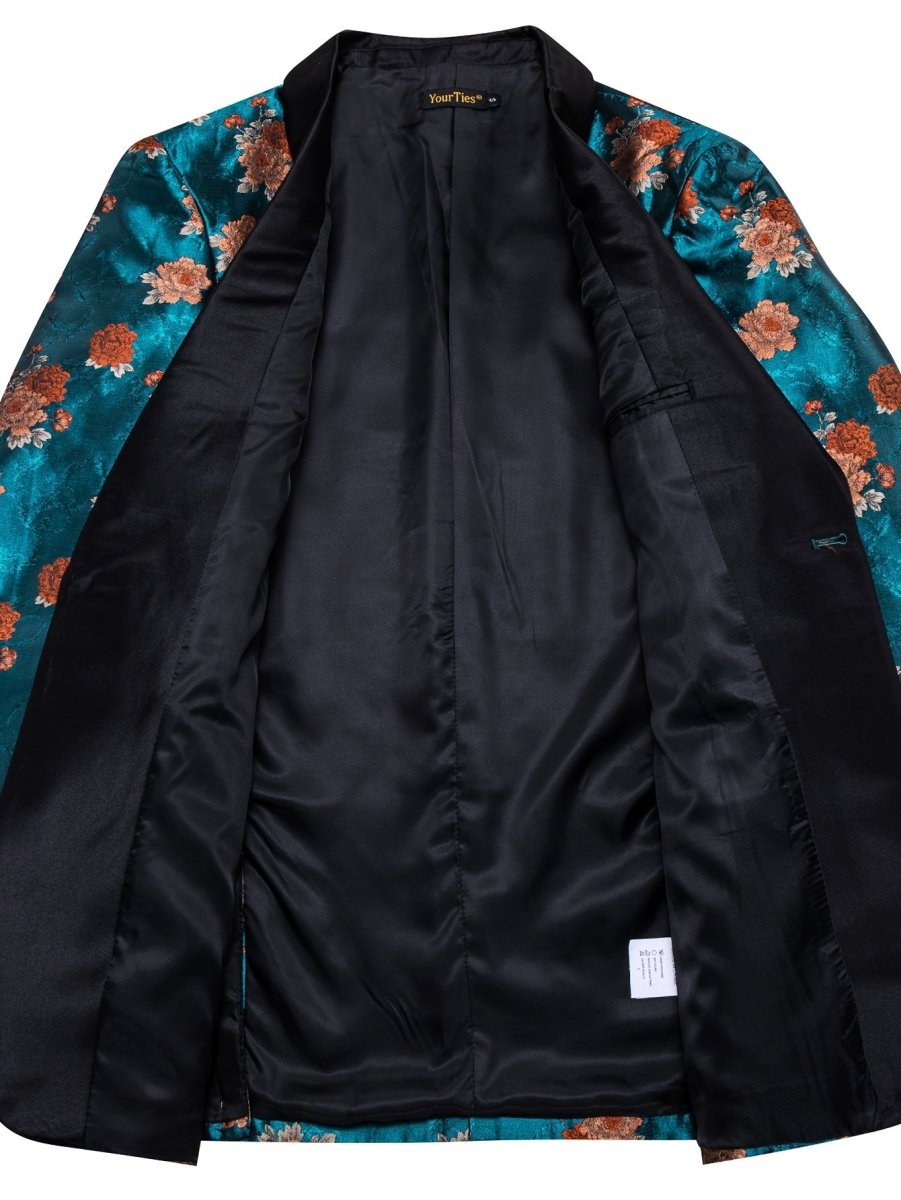 Blue floral jacquard blazer with shawl lapel, casual vintage suit jacket for women, featuring button details and elegant style.