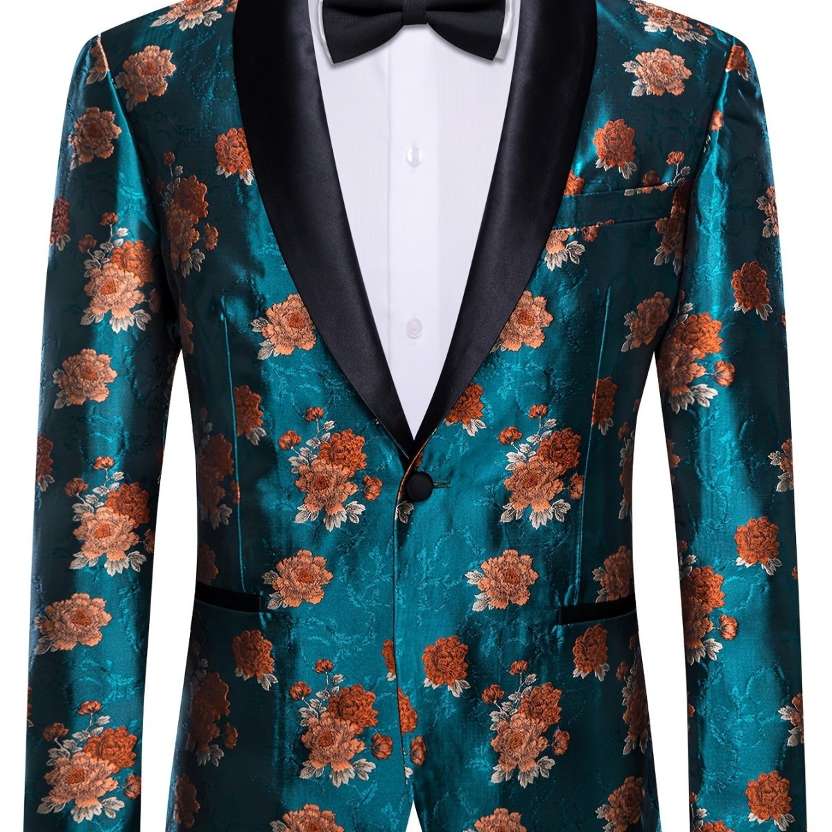 Blue floral jacquard blazer with shawl lapel, casual button-up suit jacket for women, suitable for weddings and formal occasions.