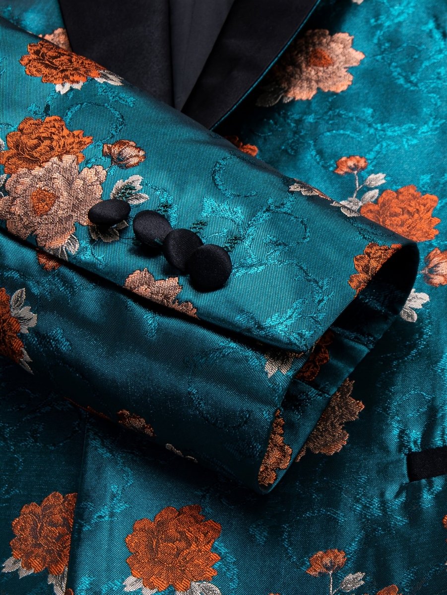 SHOWLU FASHION STORE blue floral jacquard blazer with shawl lapel, casual vintage suit jacket, perfect for wedding or formal occasions