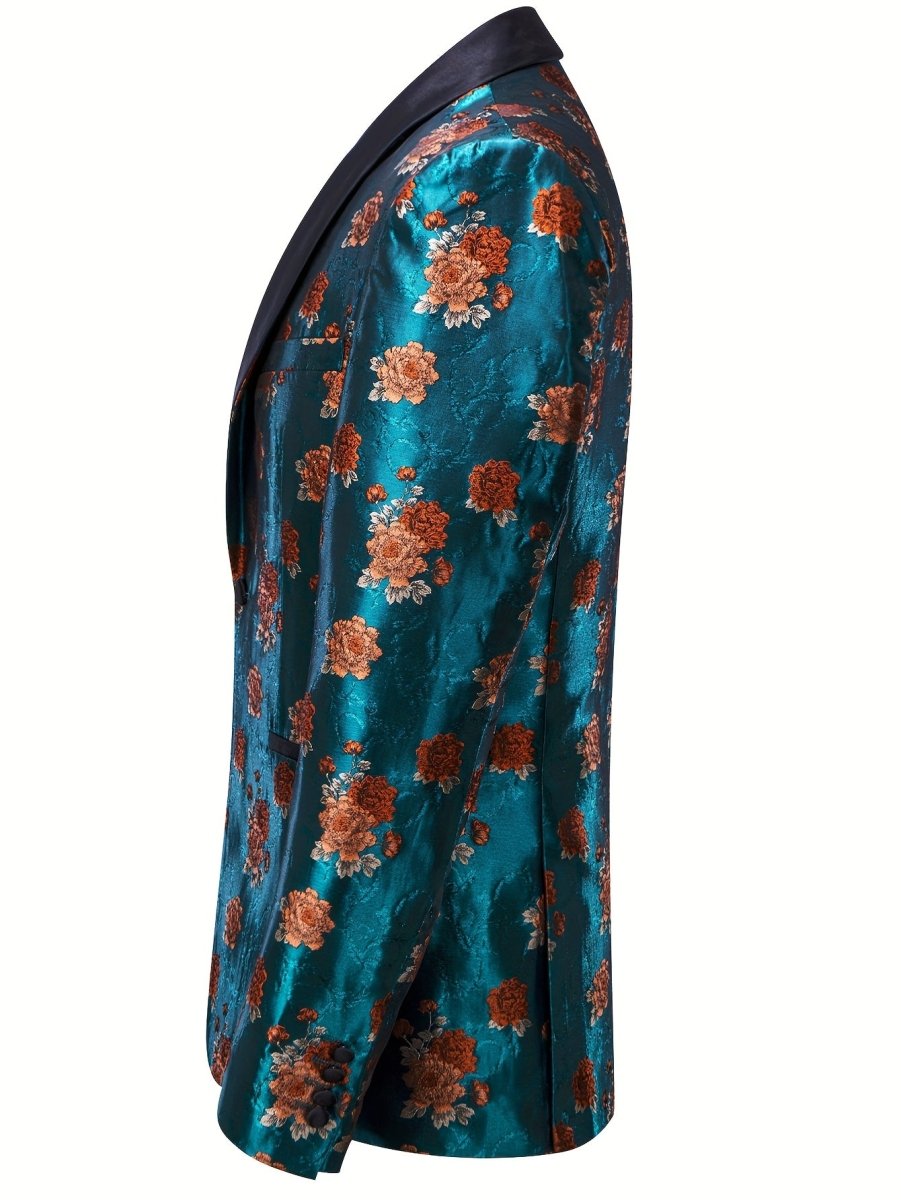 Blue floral jacquard blazer from SHOWLU FASHION STORE featuring vintage shawl lapel, casual button-up suit jacket for women.