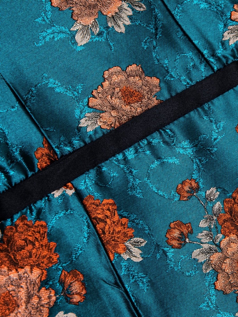 SHOWLU FASHION Blue floral jacquard blazer with shawl lapel, casual suit jacket for weddings and formal occasions.
