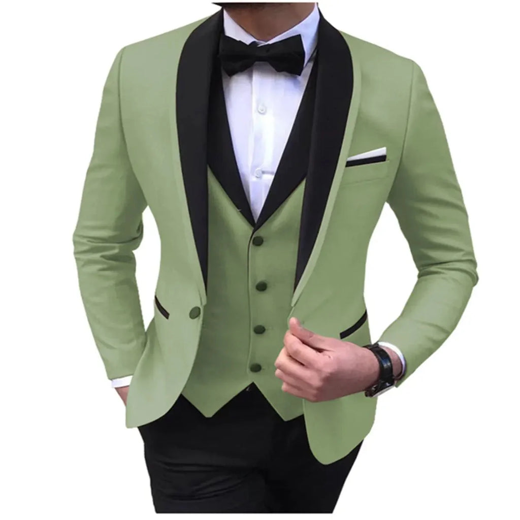 Men's blue 3-piece suit with shawl lapel, slim fit, featuring a vest and pants, ideal for formal occasions and weddings.