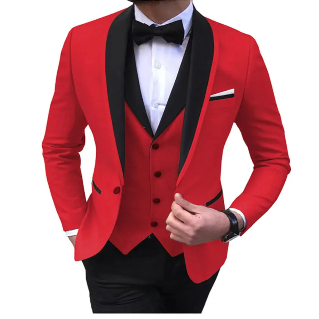 Blue men's 3-piece suit with shawl lapel, slim fit, featuring a vest and pants, ideal for formal events and weddings.