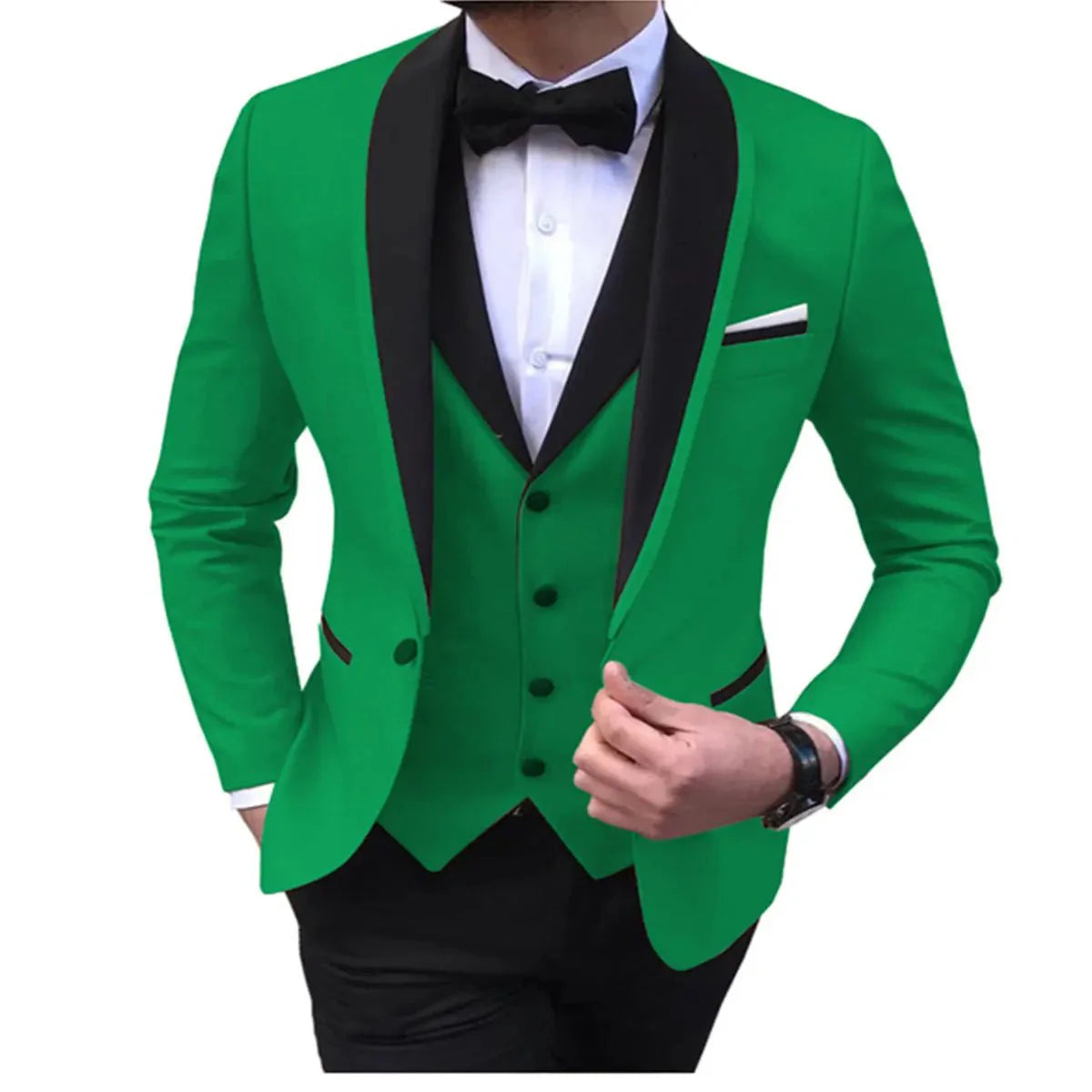 Blue men's 3-piece suit with shawl lapel, slim fit, featuring vest, pants, and jacket, ideal for formal occasions and weddings.