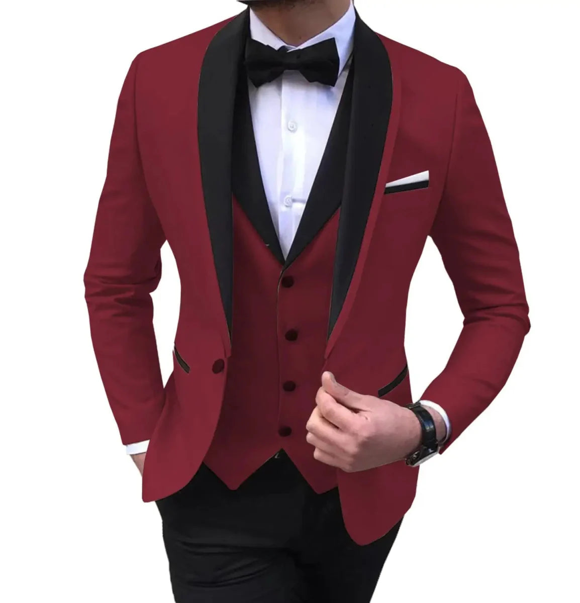 Men's blue 3-piece suit with shawl lapel from SOLOVEDRESS, featuring slim fit blazer, vest, and trousers for formal occasions.