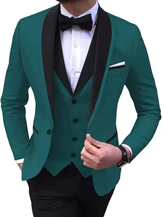 Blue men's 3-piece suit with shawl lapel, slim fit, featuring blazer, vest, and pants, ideal for formal occasions or weddings.