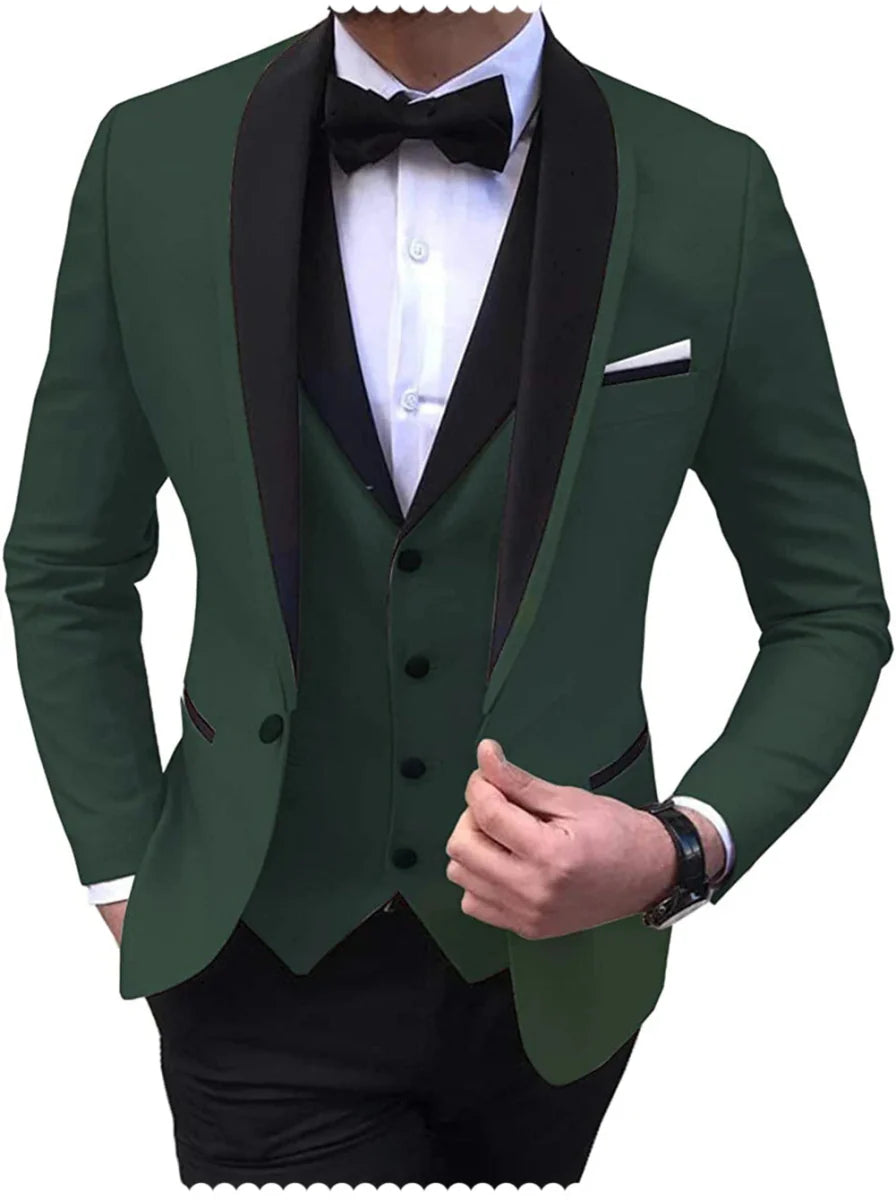 Men's blue 3-piece slim fit tuxedo with shawl lapel, including blazer, vest, and pants, perfect for formal weddings or groomsmen.