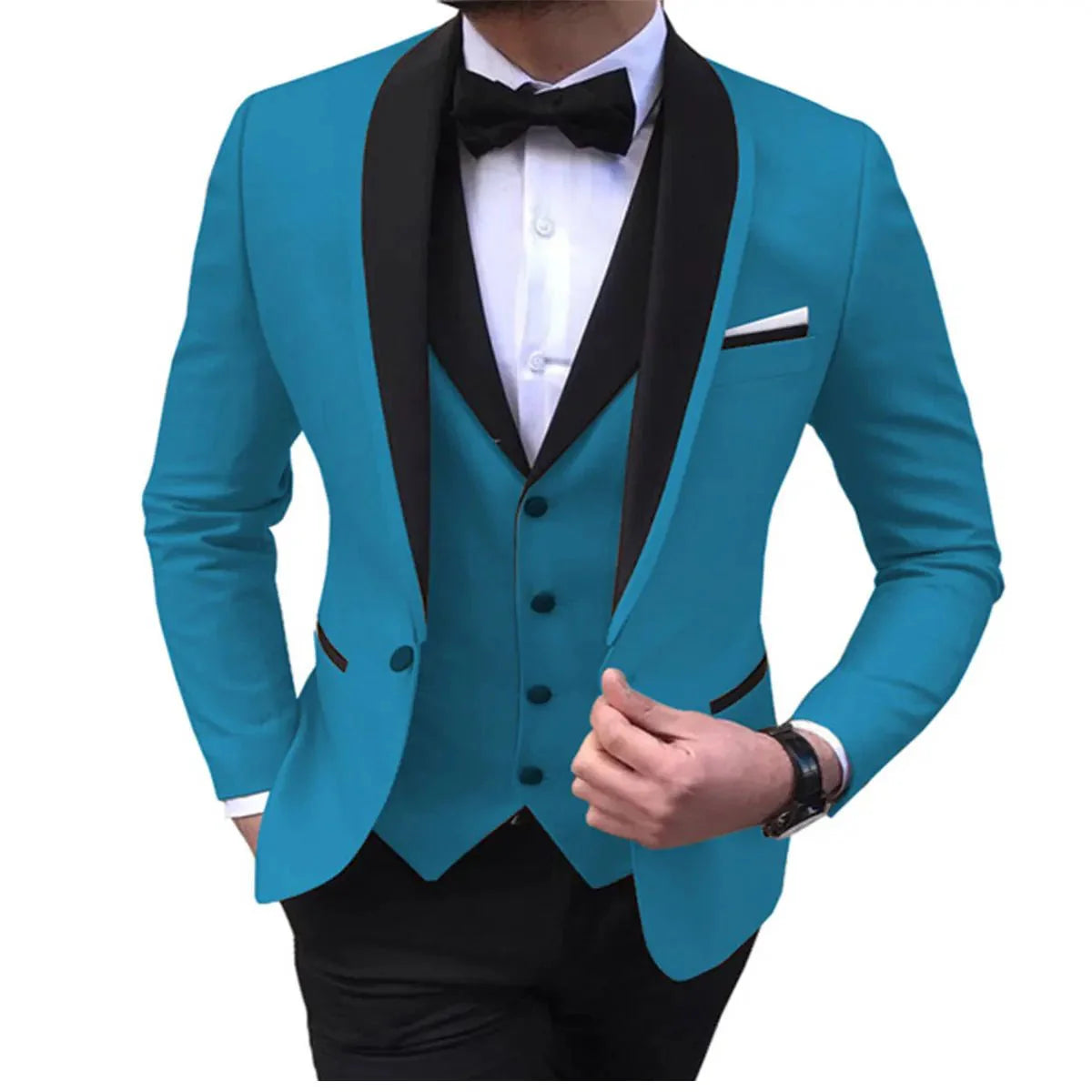 Men's blue 3-piece suit with shawl lapel, slim fit, featuring vest and pants, ideal for wedding or formal occasions.