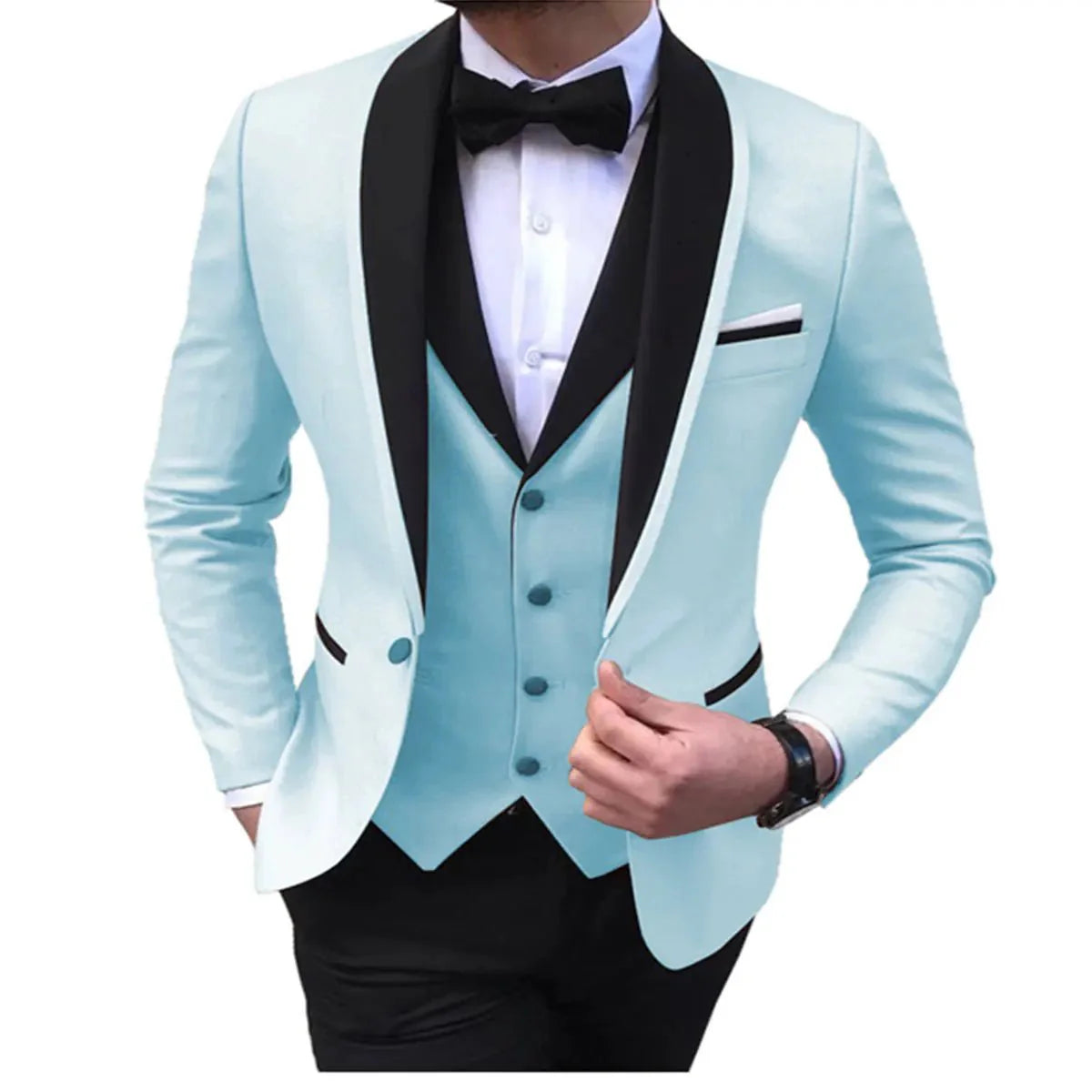 Men's blue 3-piece suit with slim fit, shawl lapel, and vest, perfect for weddings or formal occasions, by SHOWLU FASHION STORE.