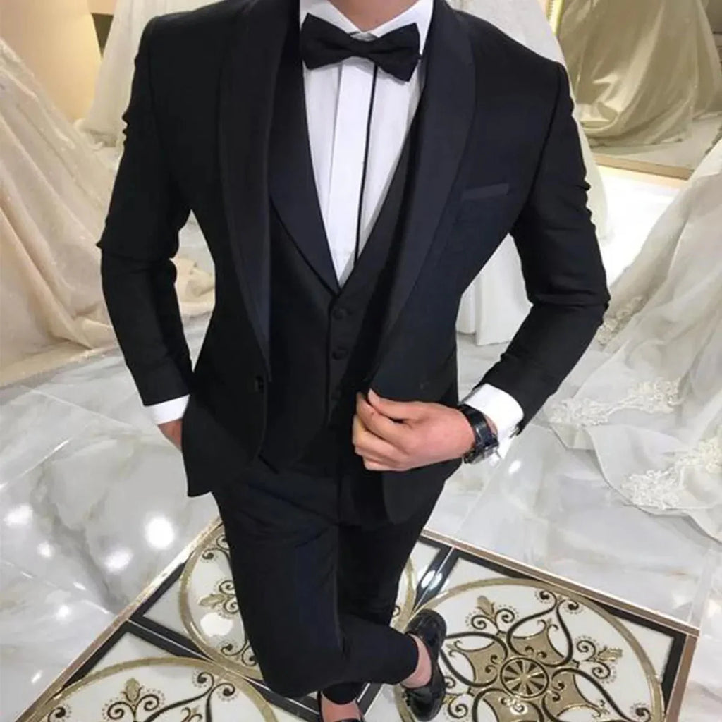 Men's blue 3-piece slim fit tuxedo with shawl lapel, featuring vest, pants, and jacket, suitable for wedding and formal occasions.