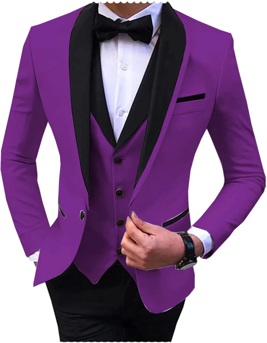 Blue men's 3-piece slim fit tuxedo with shawl lapel, including vest, pants, and blazer, suitable for weddings and formal events.