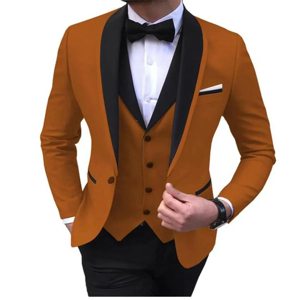 Blue men's 3-piece slim fit tuxedo with shawl lapel, including jacket, vest, and pants, styled for formal occasions and weddings.