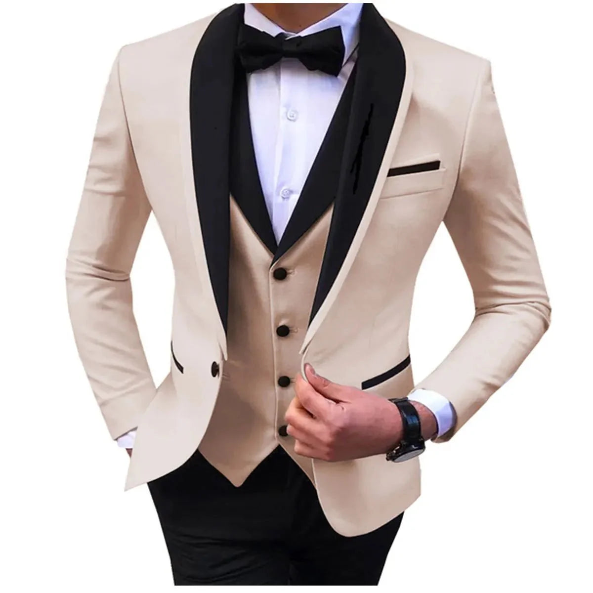 Blue men's 3-piece suit with shawl lapel, slim fit, and slit design, perfect for wedding or formal occasions.